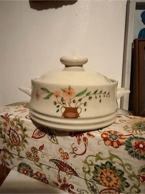 Cream Covered Ceramic Casserole with Hand-Painted Floral Basket